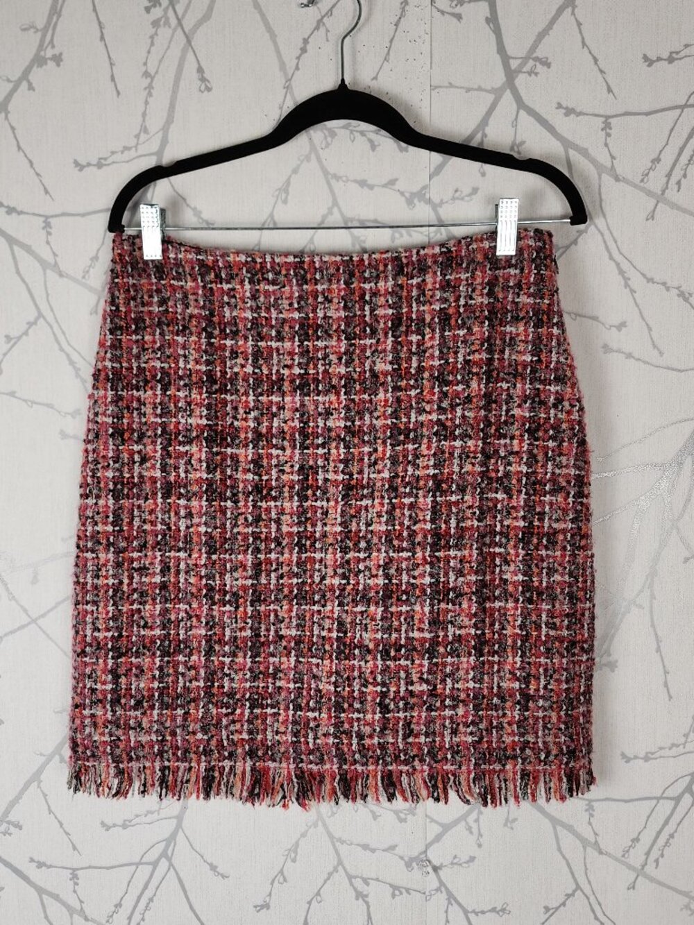 Talbots Pink Plaid Boucle Tweed Fringe Pencil Skirt